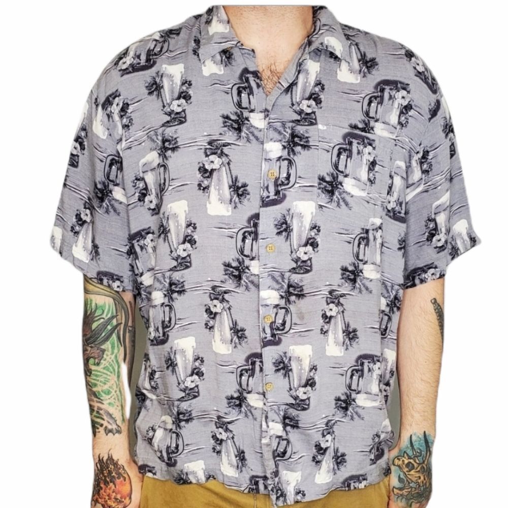 GEORGE Hawaiian beer‎ shirt button up short sleeve rayon L